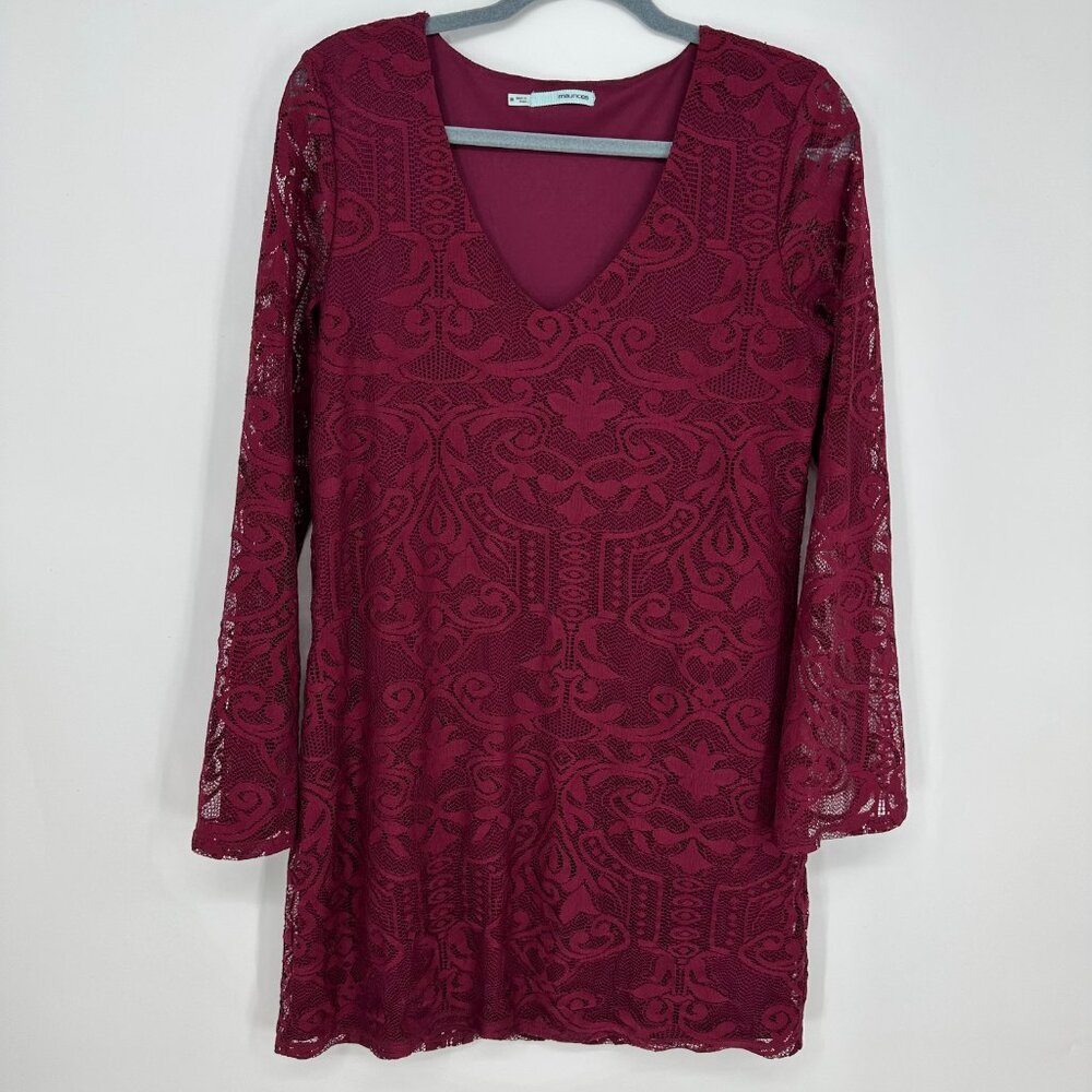 3/$25‎ Maurices Lace Mini Shift Dress M Long Flare Bell Sleeves Burgundy Red